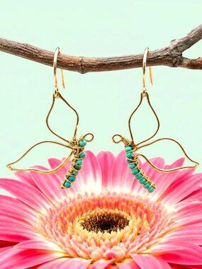 Handmade Gold Filled Butterfly Earrings with Natural Turquoise, Wire Wrapped